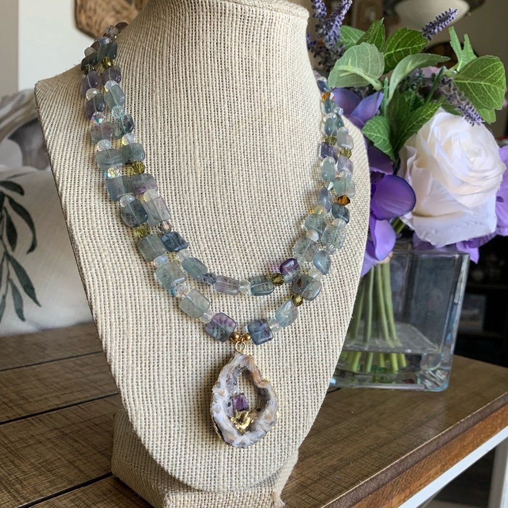 Handmade geode, amethyst, fluorite, & Swarovski crystal double strand necklace - Picture 3 of 8